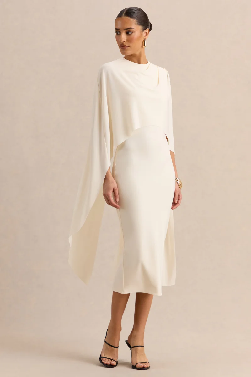 Luxalyn | Vestido Midi Crema de Cuello Redondo con Detalle de Capa - Imagen 5