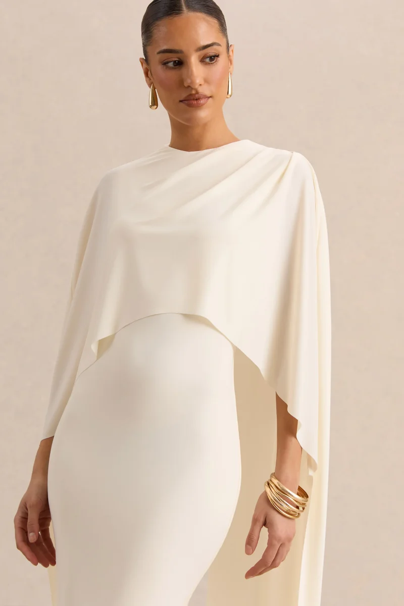 Luxalyn | Vestido Midi Crema de Cuello Redondo con Detalle de Capa - Imagen 4