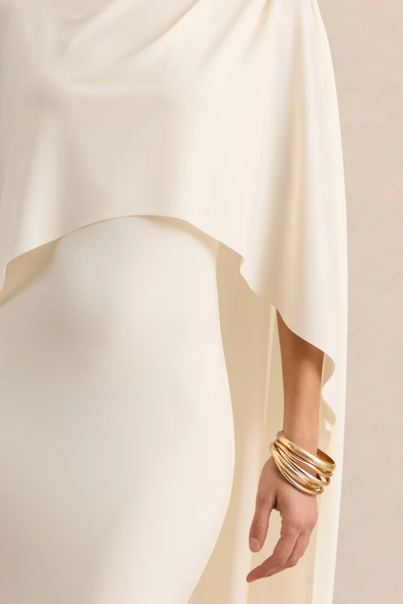 Luxalyn | Vestido Midi Crema de Cuello Redondo con Detalle de Capa - Imagen 8