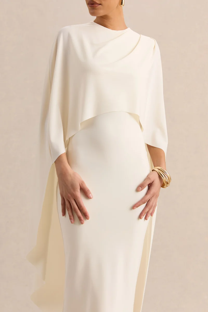 Luxalyn | Vestido Midi Crema de Cuello Redondo con Detalle de Capa - Imagen 6