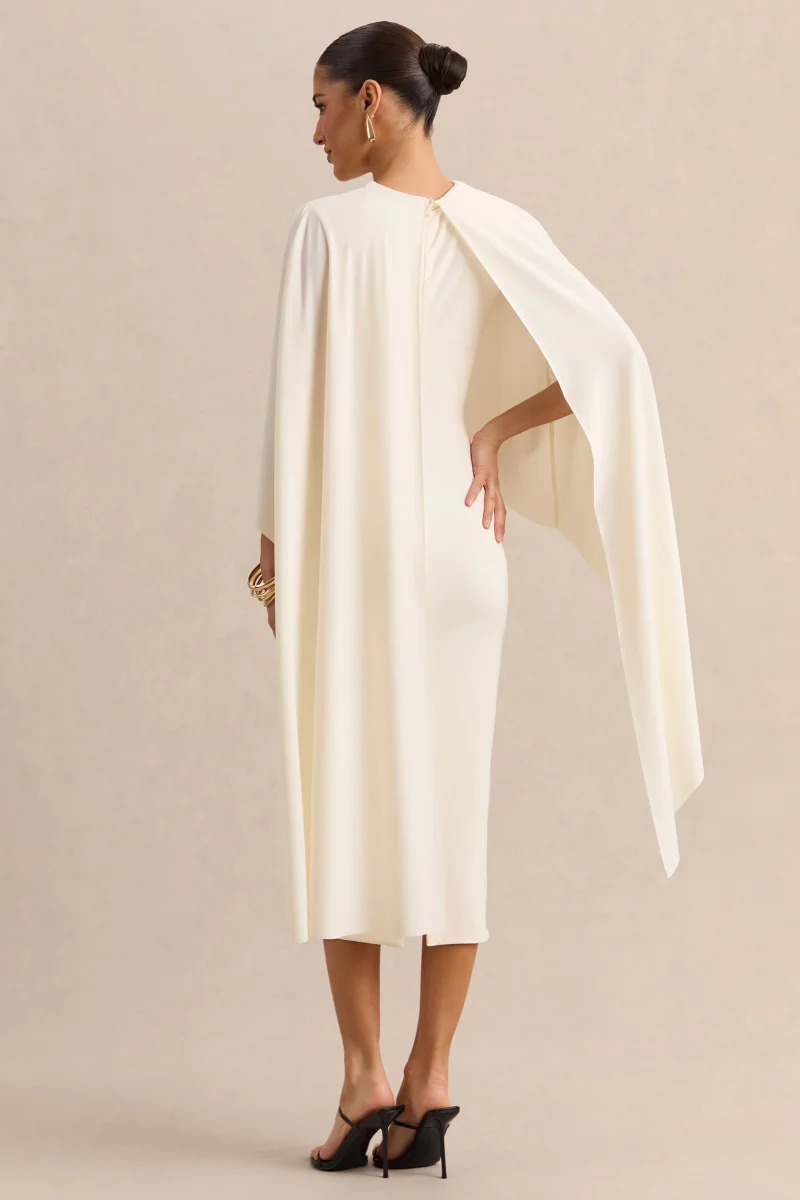 Luxalyn | Vestido Midi Crema de Cuello Redondo con Detalle de Capa - Imagen 3