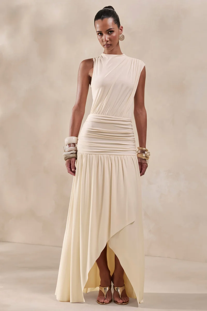 Myssara | Vestido Largo Crema de Cuello Alto con Detalle Drapeado - Imagen 6