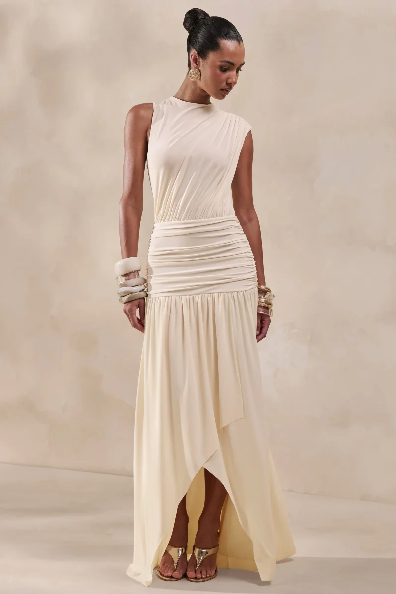 Myssara | Vestido Largo Crema de Cuello Alto con Detalle Drapeado - Imagen 2