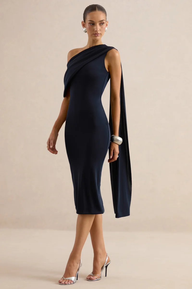 Madelisse | Vestido Midi Azul Marino De Cuello Asimétrico Con Faja - Imagen 5