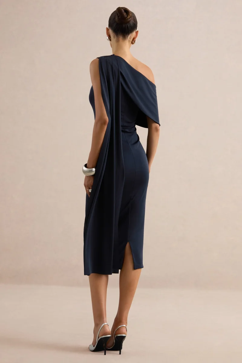 Madelisse | Vestido Midi Azul Marino De Cuello Asimétrico Con Faja - Imagen 3