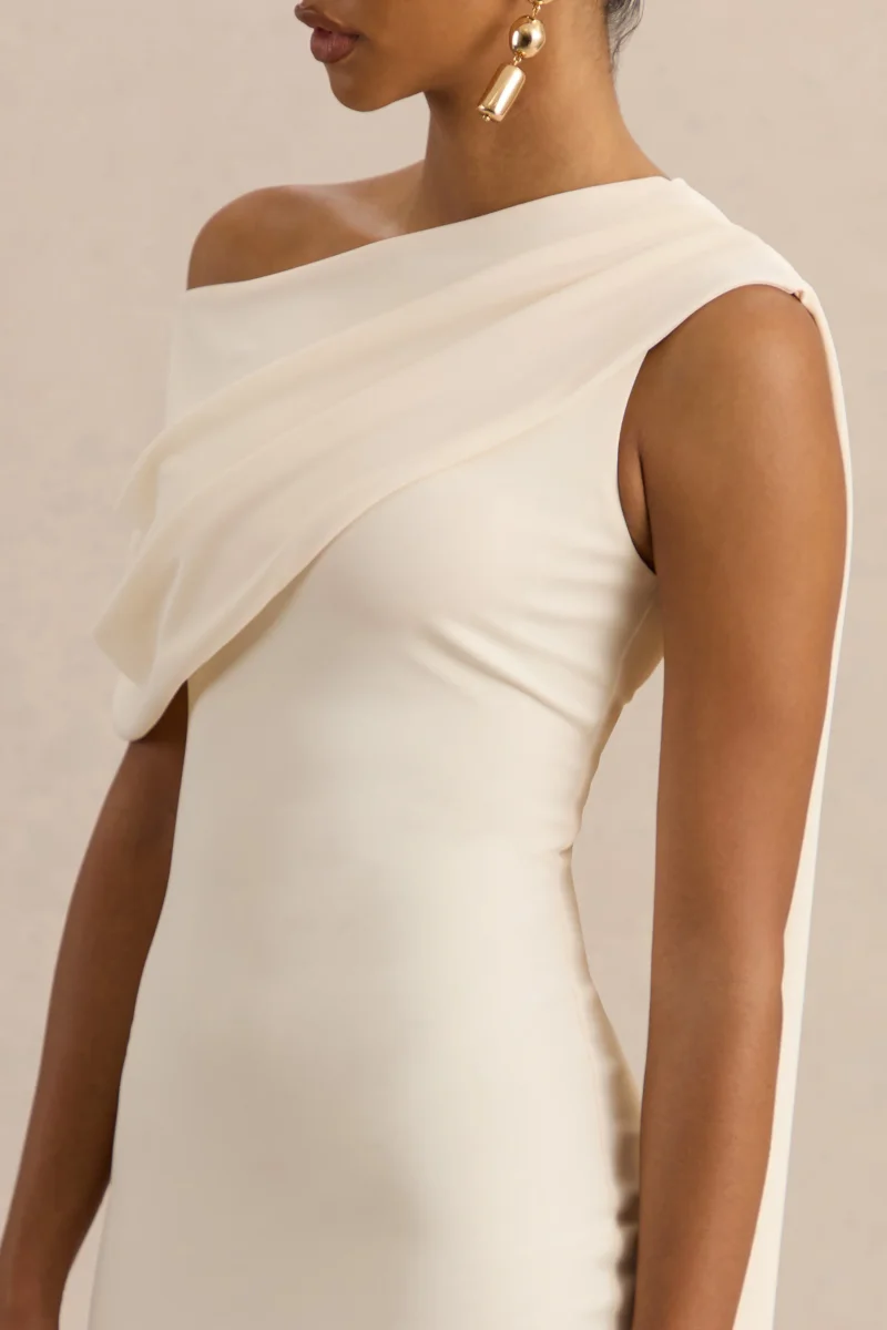 Madelisse | Vestido Midi Crema de Escote Asimétrico con Fajín - Imagen 7