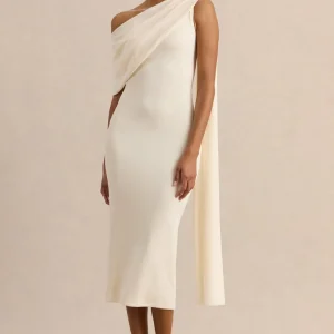 Madelisse | Vestido Midi Crema de Escote Asimétrico con Fajín