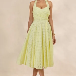 Naz | Vestido midi amarillo limón de bordado inglés con escote halter