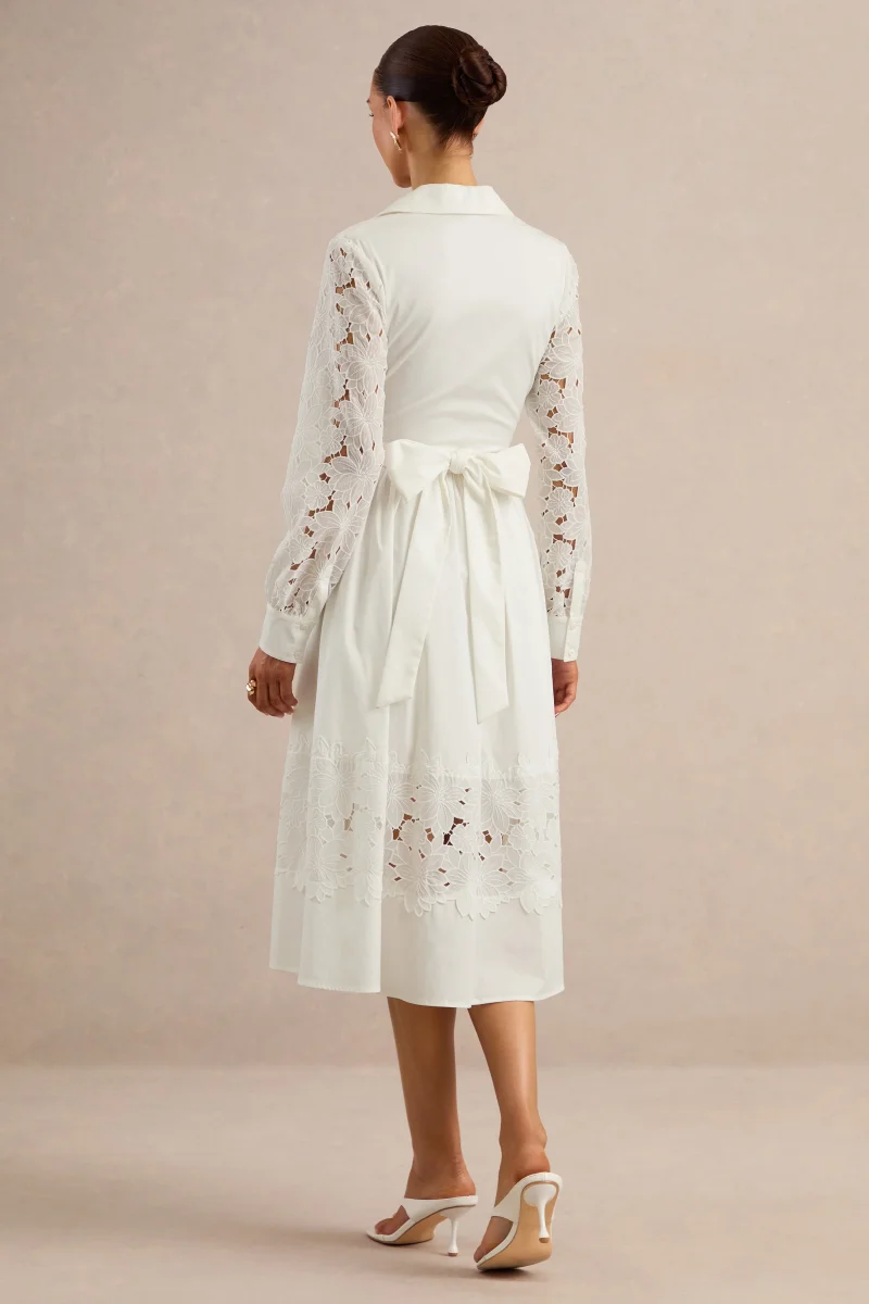Zalynne | Vestido Midi Blanco Con Cuello Camisero - Imagen 3