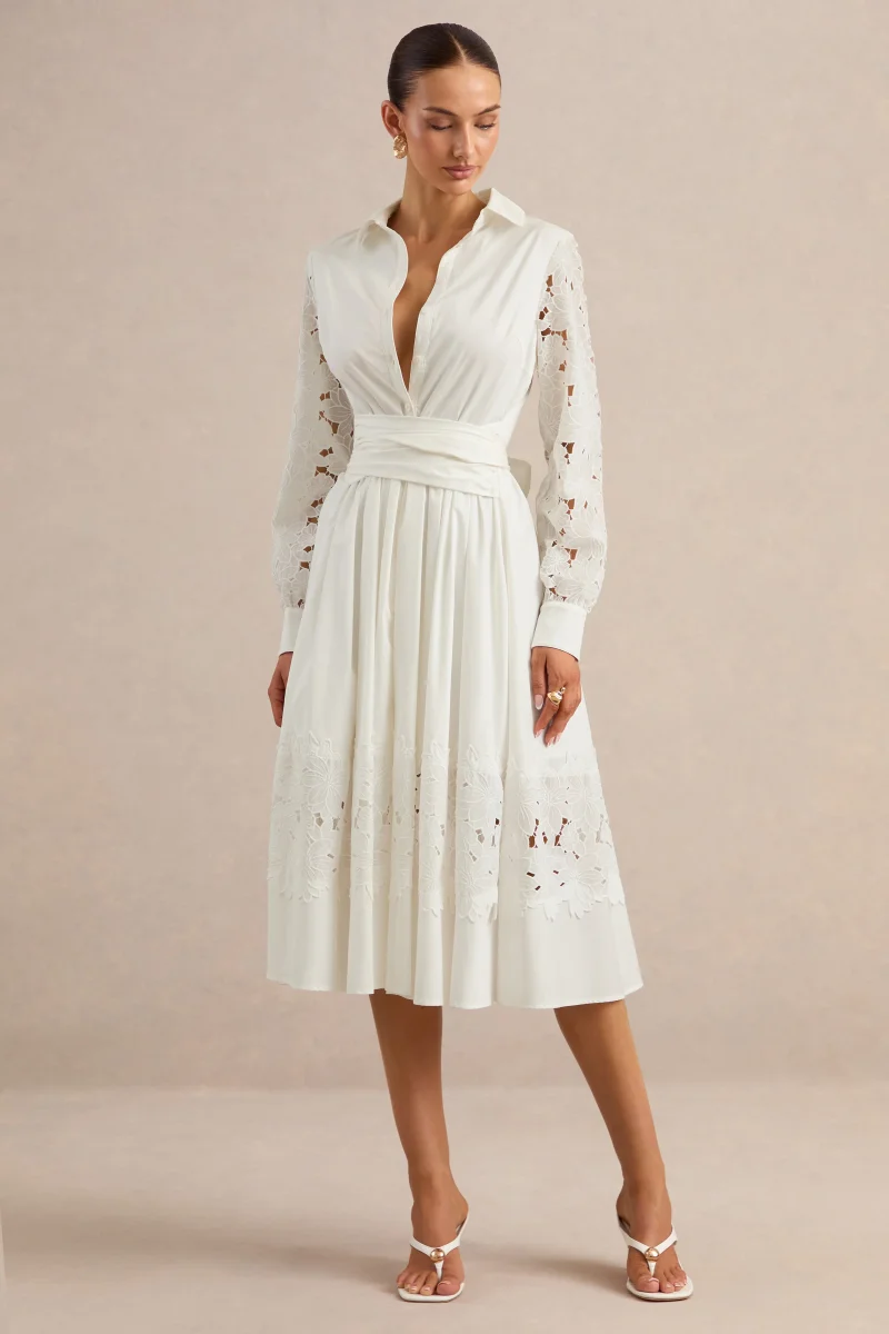 Zalynne | Vestido Midi Blanco Con Cuello Camisero - Imagen 5