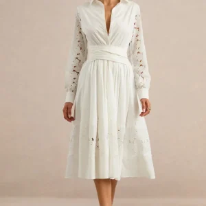 Zalynne | Vestido Midi Blanco Con Cuello Camisero