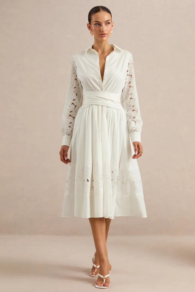 Zalynne | Vestido Midi Blanco Con Cuello Camisero - Imagen 2