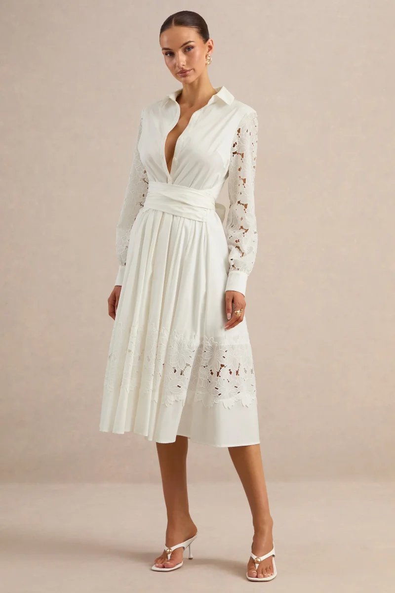 Zalynne | Vestido Midi Blanco Con Cuello Camisero - Imagen 6