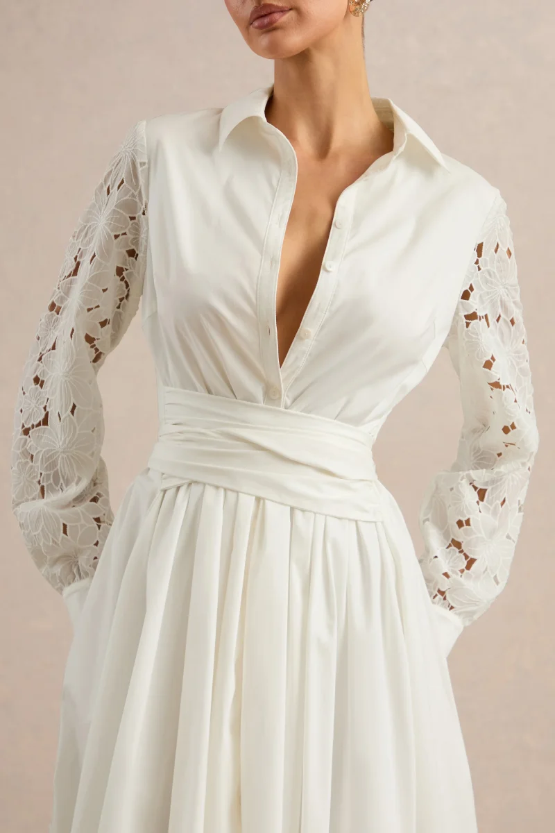 Zalynne | Vestido Midi Blanco Con Cuello Camisero - Imagen 4