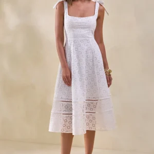 Veralia | Vestido Midi Blanco De Broderie Con Cuello Cuadrado Y Mangas Con Lazo