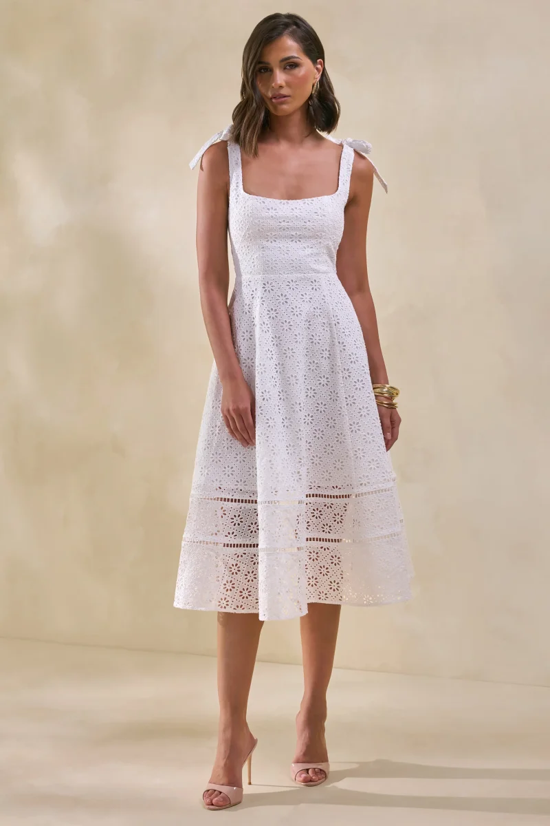 Veralia | Vestido Midi Blanco De Broderie Con Cuello Cuadrado Y Mangas Con Lazo