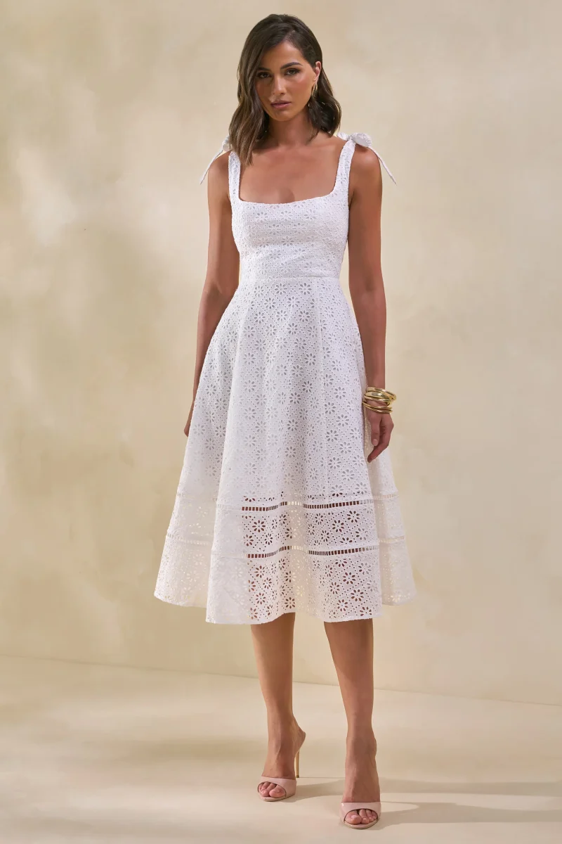 Veralia | Vestido Midi Blanco De Broderie Con Cuello Cuadrado Y Mangas Con Lazo - Imagen 5