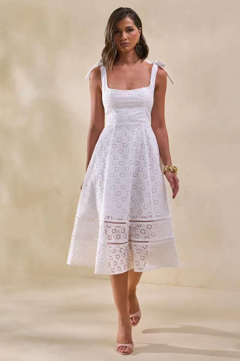 Veralia | Vestido Midi Blanco De Broderie Con Cuello Cuadrado Y Mangas Con Lazo - Imagen 6