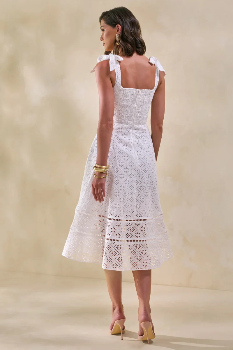 Veralia | Vestido Midi Blanco De Broderie Con Cuello Cuadrado Y Mangas Con Lazo - Imagen 3