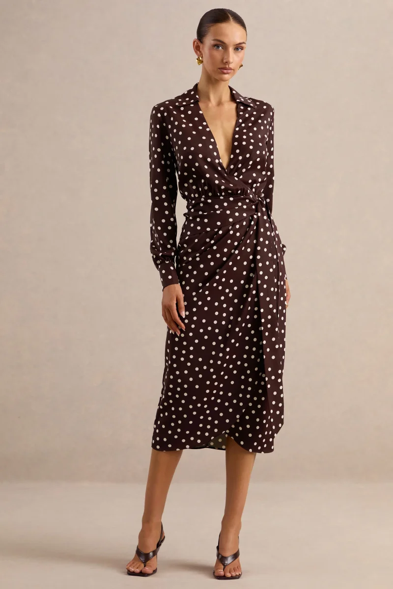 Amarosia | Vestido Camisero Midi Cruzado de Lunares Marrones