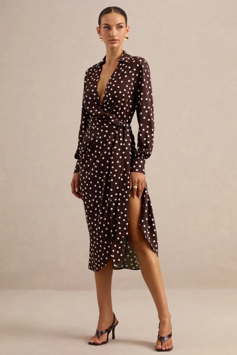 Amarosia | Vestido Camisero Midi Cruzado de Lunares Marrones - Imagen 4
