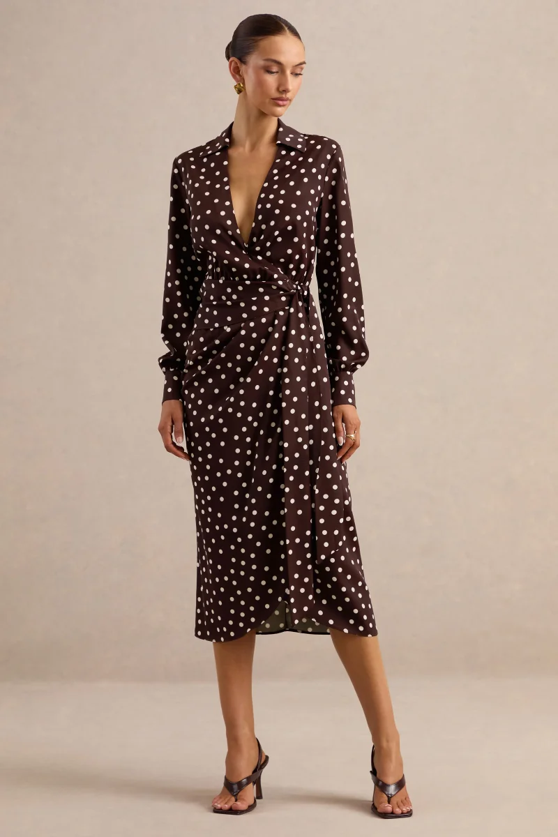 Amarosia | Vestido Camisero Midi Cruzado de Lunares Marrones - Imagen 6