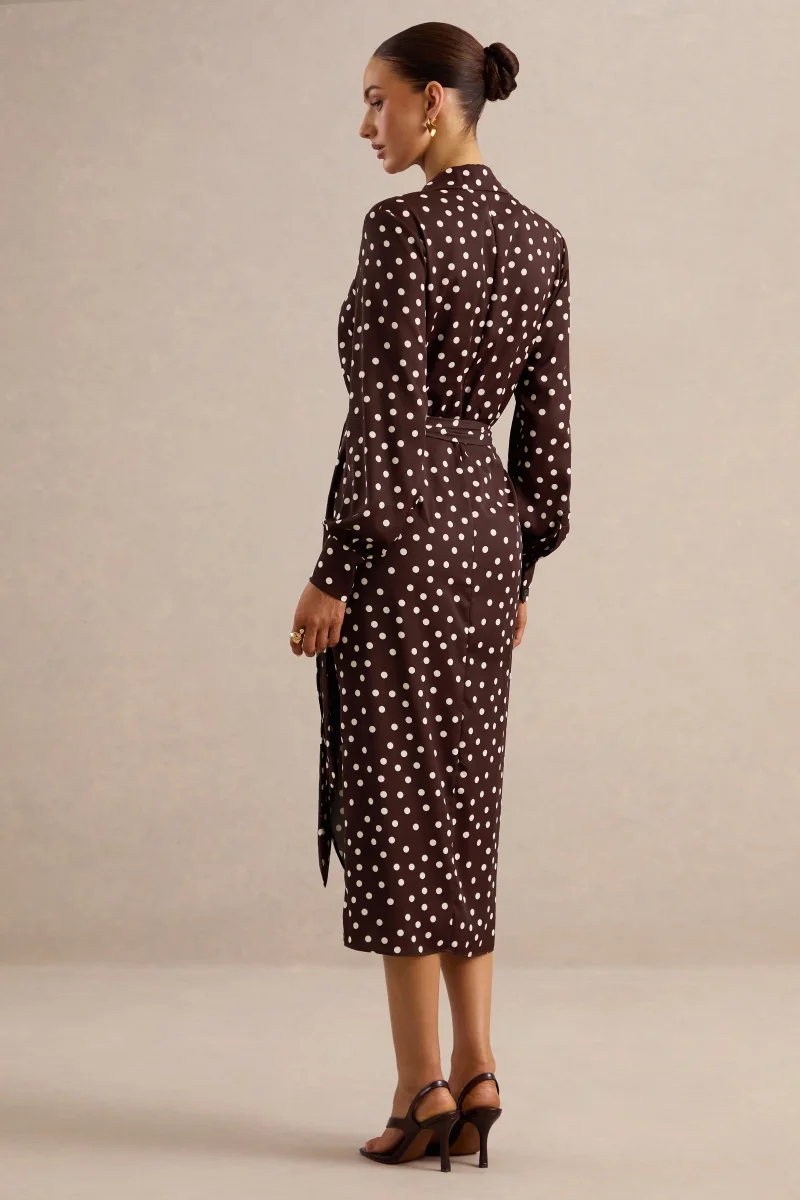 Amarosia | Vestido Camisero Midi Cruzado de Lunares Marrones - Imagen 3