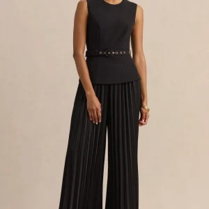 Lerenza | Pantalón negro de satén con pernera ancha y pliegues