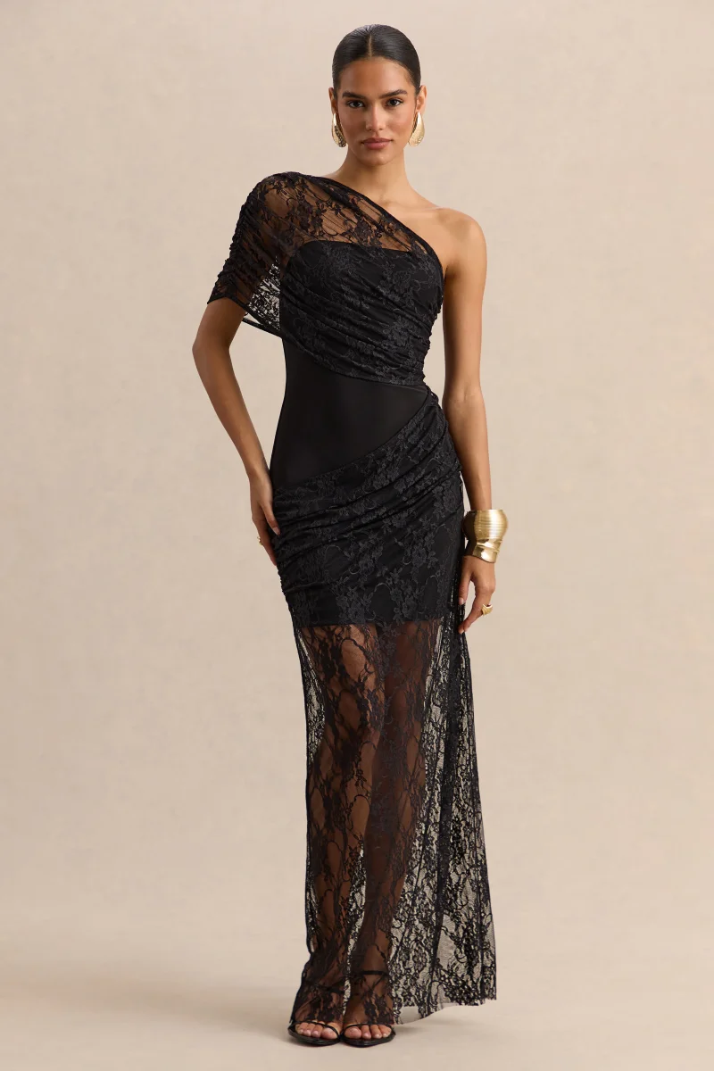 Fressia | Negro Encaje Escote Asimétrico Vestido Largo con Detalle Drapeado