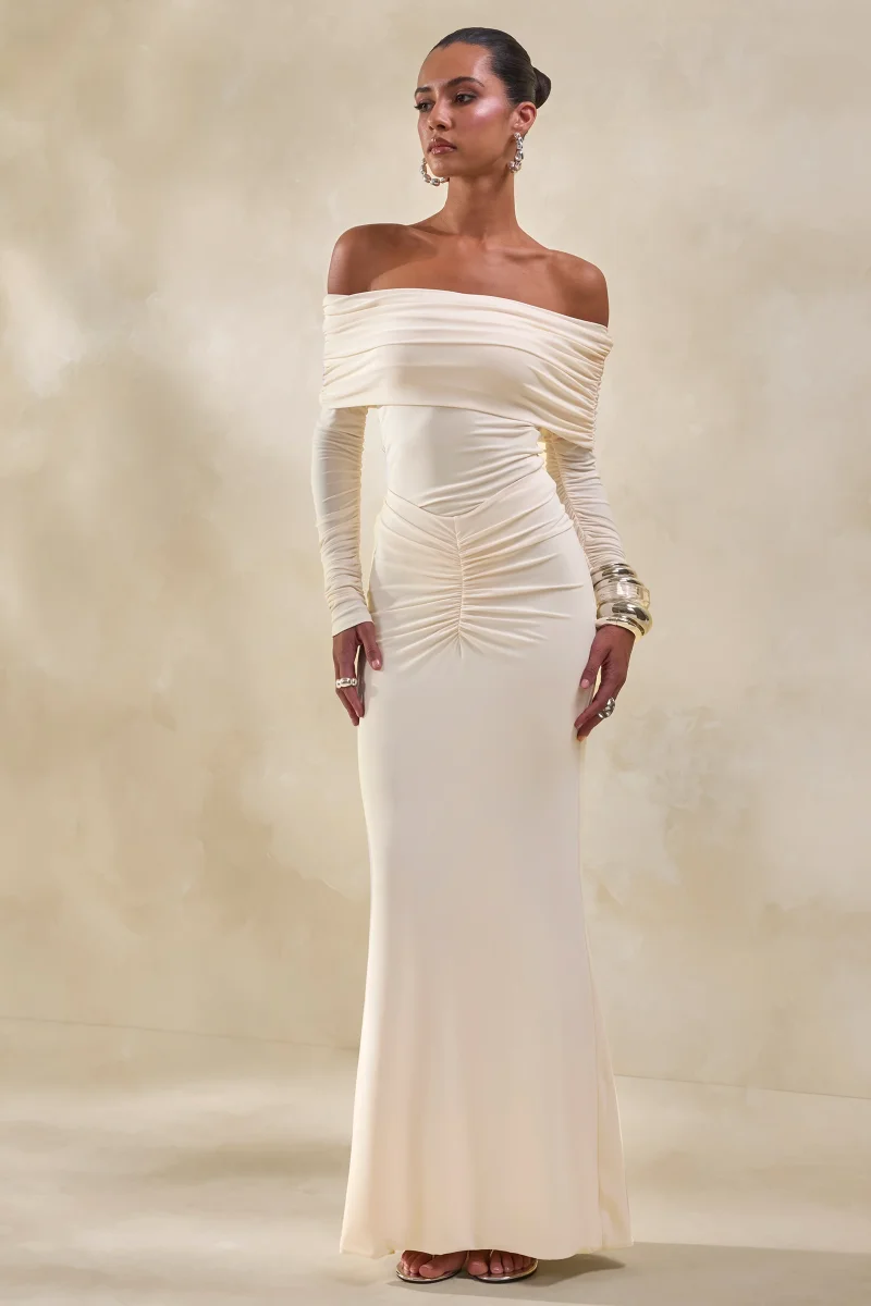 Drina | Crema Escote Bardot Body con Fruncida Mangas Largas - Imagen 3
