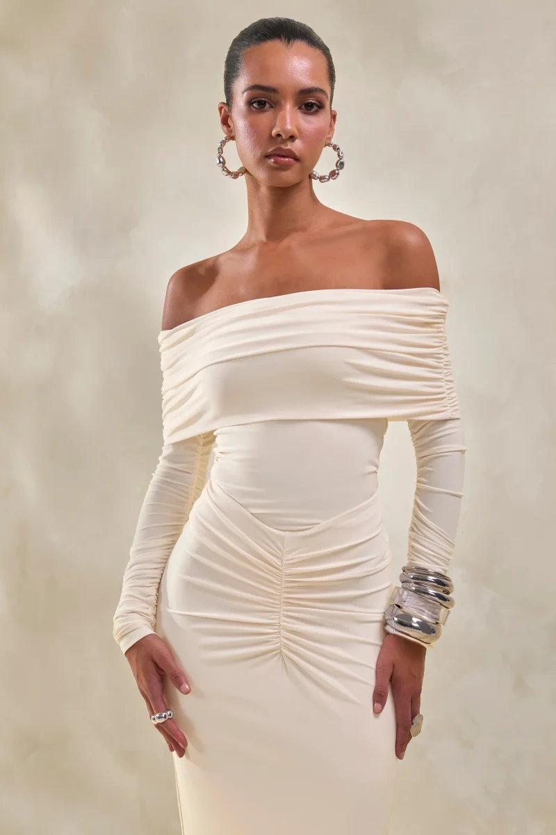 Drina | Crema Escote Bardot Body con Fruncida Mangas Largas - Imagen 6