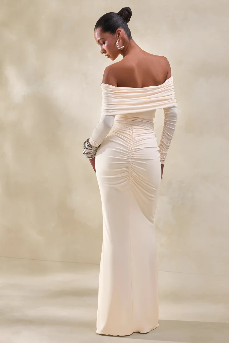 Drina | Crema Escote Bardot Body con Fruncida Mangas Largas - Imagen 4