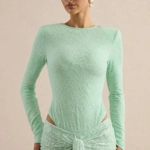 Nessia | Body Menta De Encaje Con Cuello Redondo Y Manga Larga