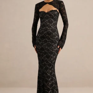 Mirellia | Vestido Maxi Negro De Encaje Con Escote Corazón