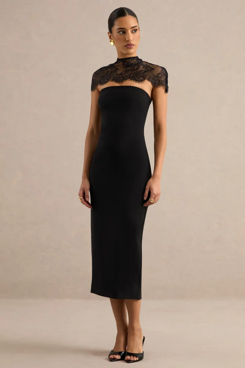 Navoria | Vestido Midi Negro De Encaje Con Cuello Alto - Imagen 6