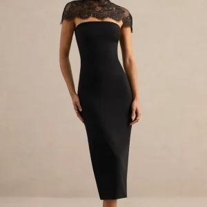 Navoria | Vestido Midi Negro De Encaje Con Cuello Alto