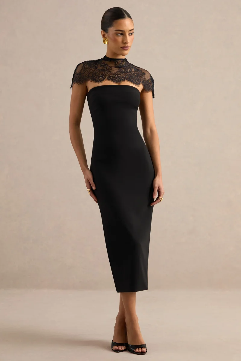 Navoria | Vestido Midi Negro De Encaje Con Cuello Alto