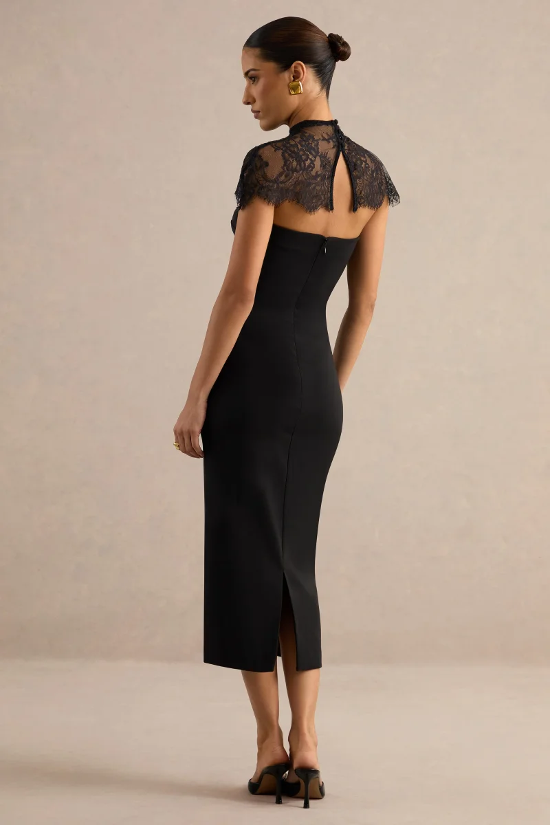Navoria | Vestido Midi Negro De Encaje Con Cuello Alto - Imagen 3