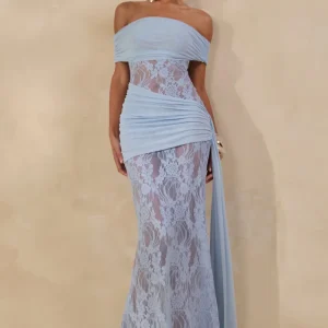 Enavine | Vestido Largo Azul Empolvado De Encaje Con Escote Bardot Y Detalle Fruncido