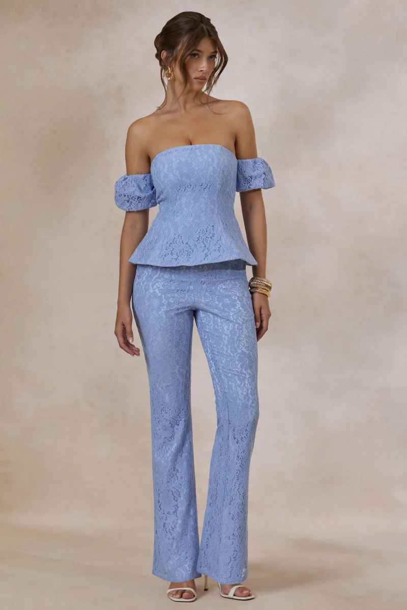Tessara | Pantalón Recto Azul Polvo De Encaje Con Corte Sastre - Imagen 4