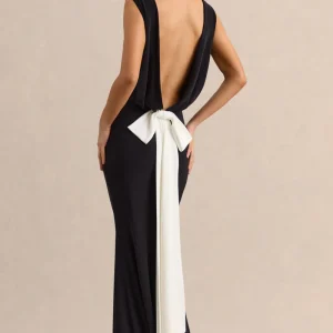 Elicette | Vestido Largo Negro De Cuello Redondo Con Espalda Descubierta Y Lazo
