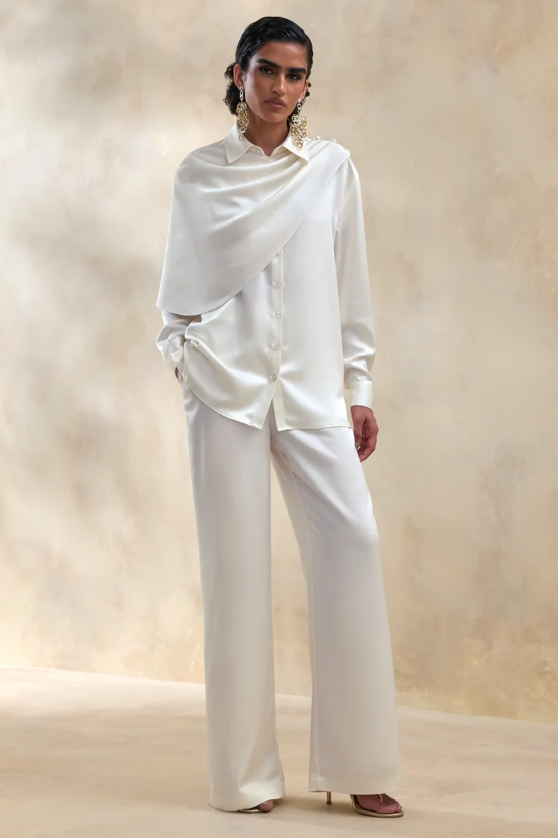 Ilena | Pantalón de Pierna Ancha Crema de Satén