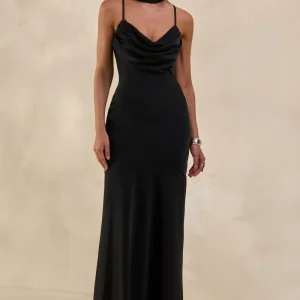 Anarelle | Vestido Largo Negro De Satén Con Escote Caído