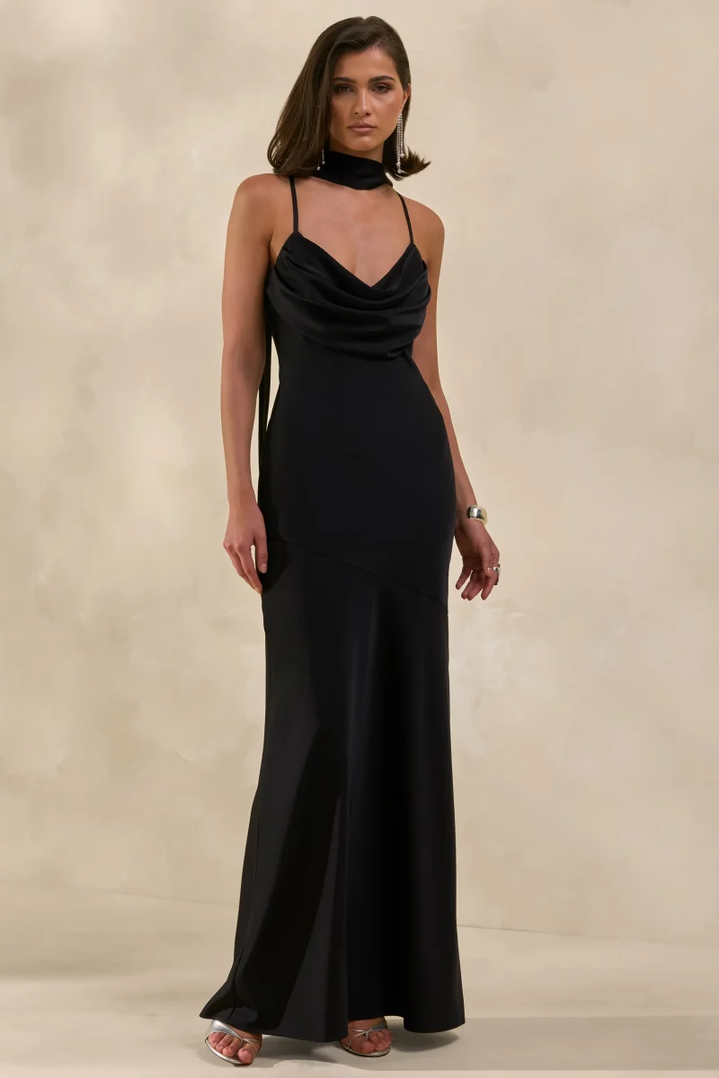 Anarelle | Vestido Largo Negro De Satén Con Escote Caído - Imagen 5