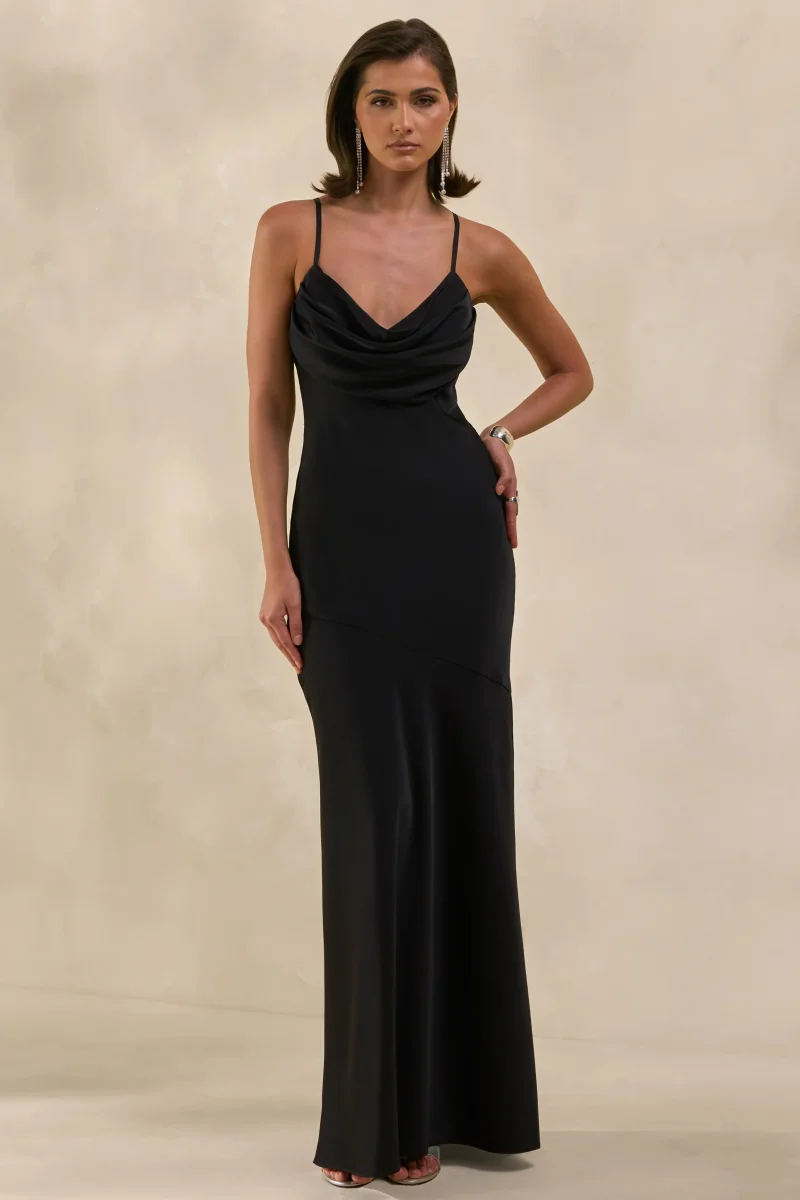 Anarelle | Vestido Largo Negro De Satén Con Escote Caído - Imagen 8