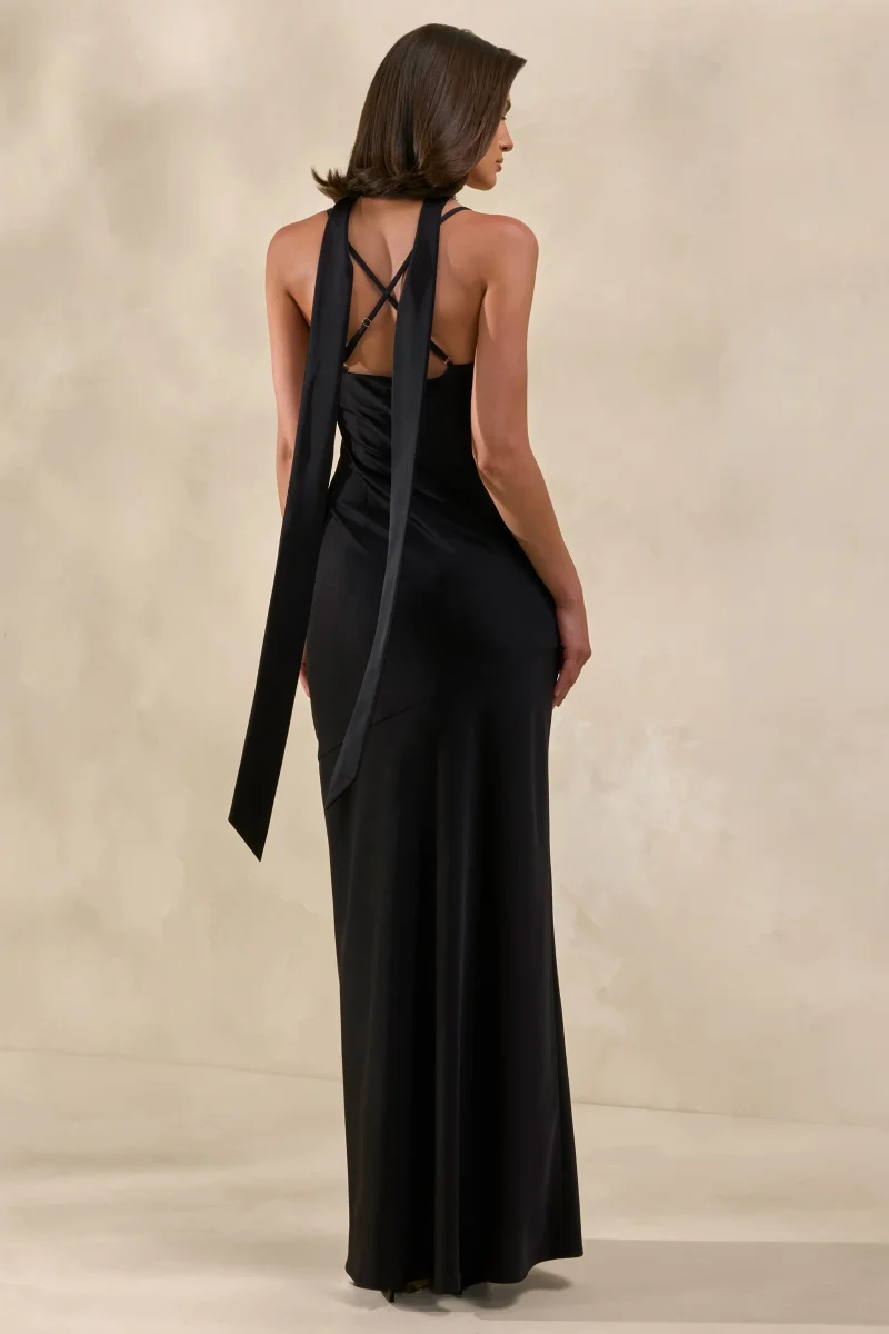 Anarelle | Vestido Largo Negro De Satén Con Escote Caído - Imagen 3