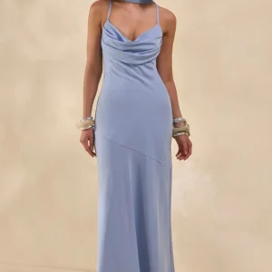 Anarelle | Vestido Largo de Satén Azul Empolvado con Escote Drapado