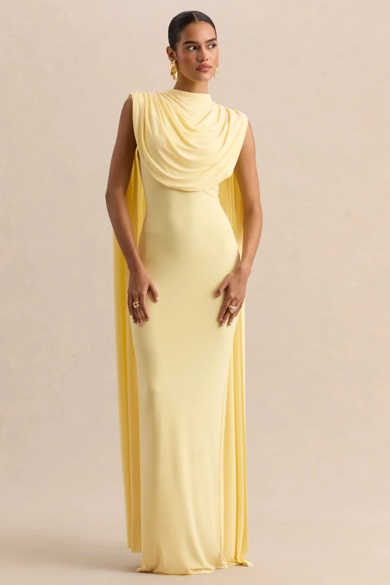 Patrina | Vestido Largo Limón De Jersey Elástico Premium Con Cuello Alto Y Detalle De Capa - Imagen 6