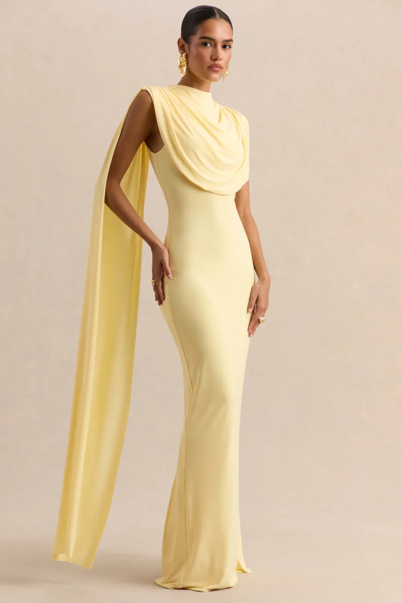 Patrina | Vestido Largo Limón De Jersey Elástico Premium Con Cuello Alto Y Detalle De Capa - Imagen 5