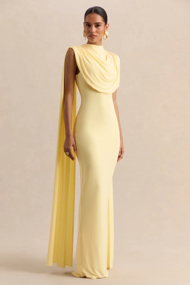 Patrina | Vestido Largo Limón De Jersey Elástico Premium Con Cuello Alto Y Detalle De Capa - Imagen 7
